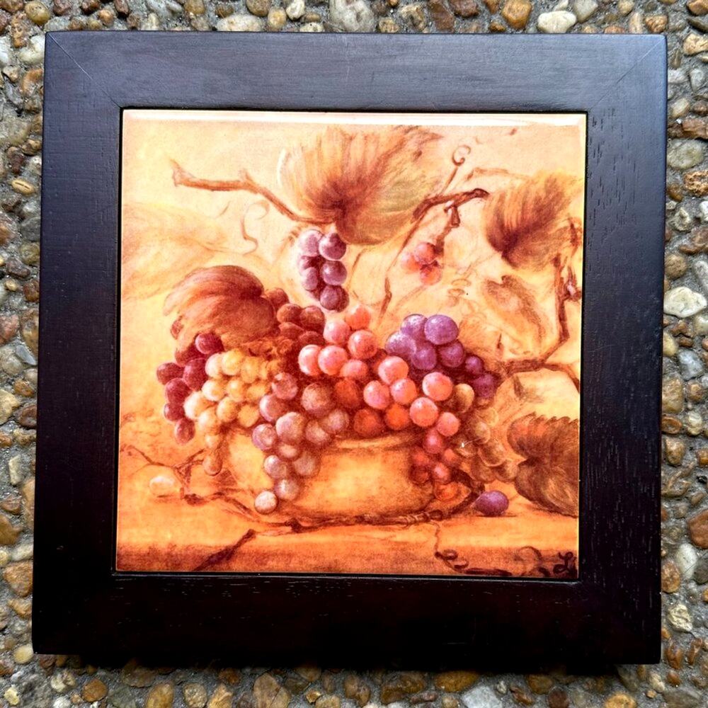 Vintage Trivet Tile Grapes in a bowl hangable art/trivet 8"x 8"